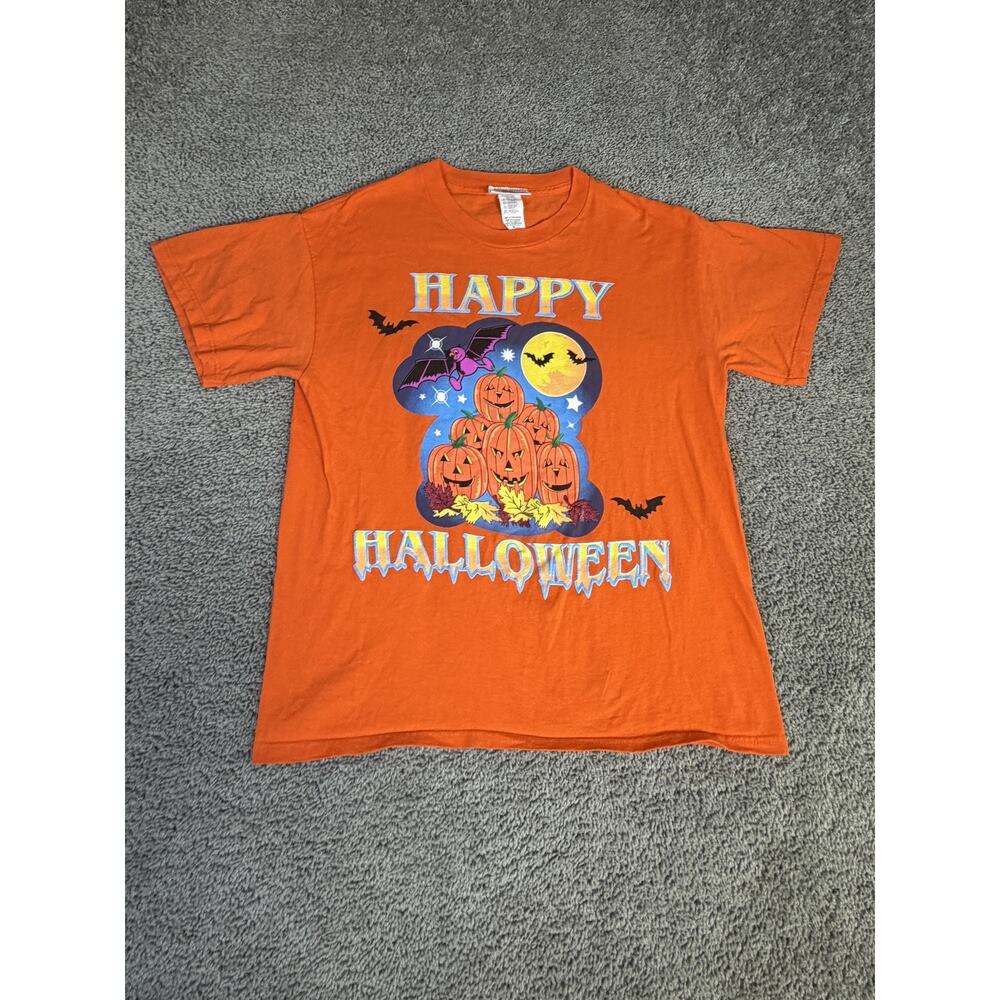 Vintage Basic Editions Halloween Shirt Mens M Orange Pumpkins Bats Moon 90s